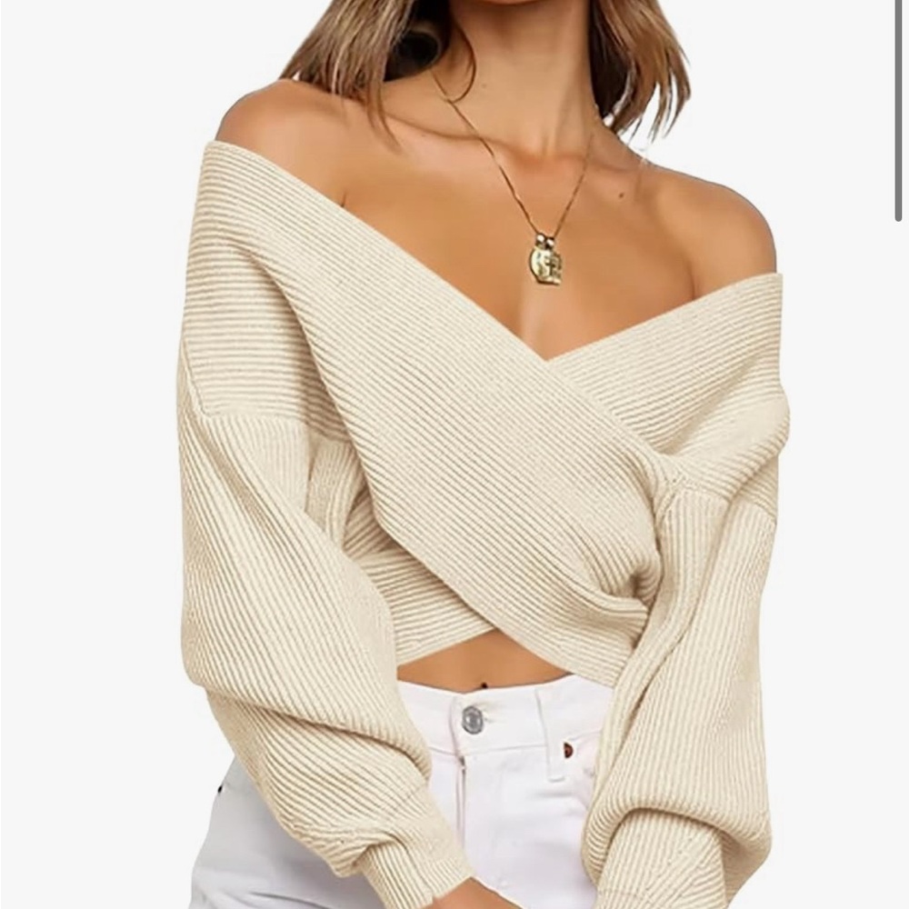 BTFBM Casual V Neck Sweaters Cross Wrap Off Shoulder Hem Knitted Crop